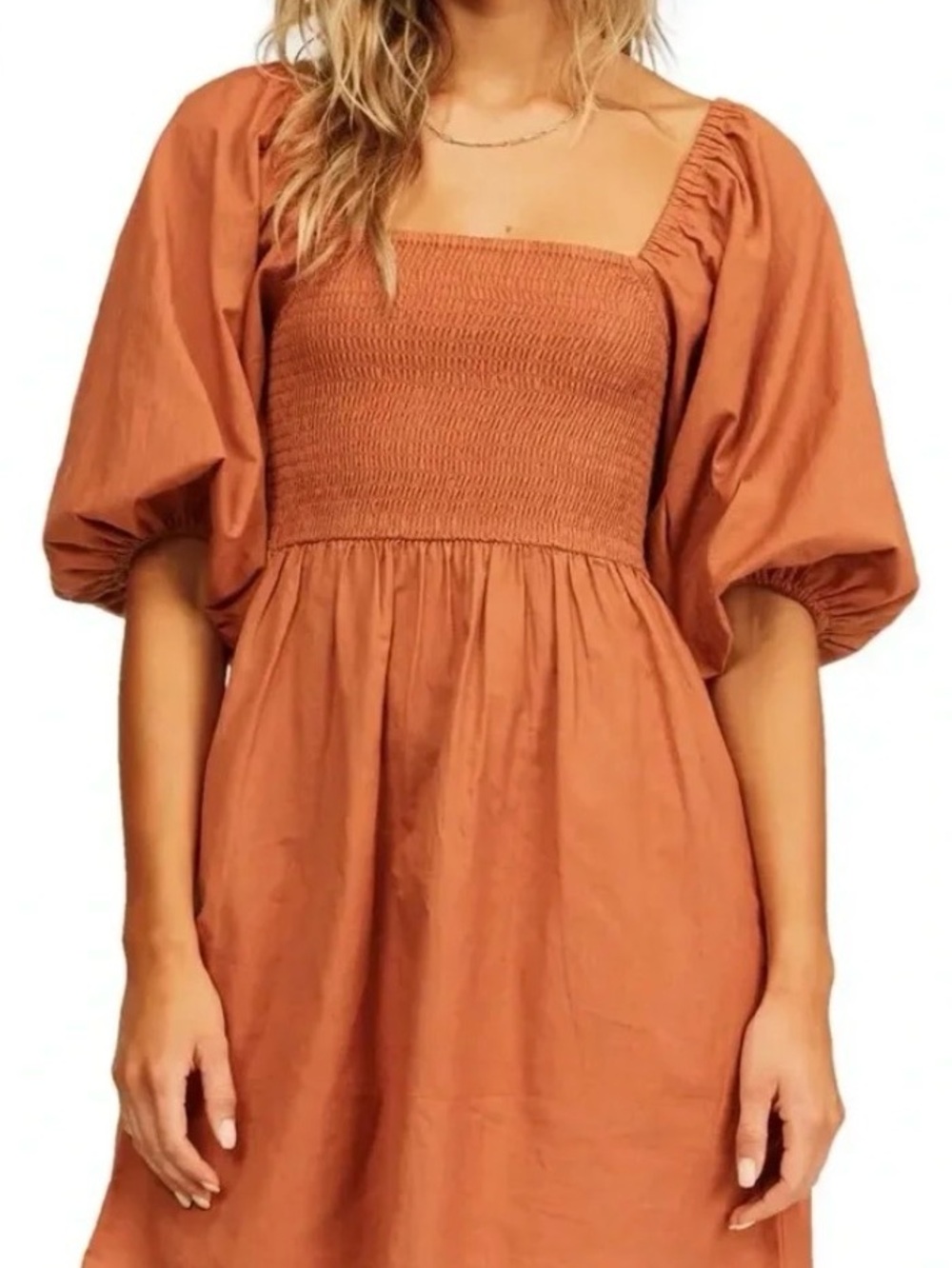 Billabong Rust Smocked Bodice Puff Sleeve Mini Dress